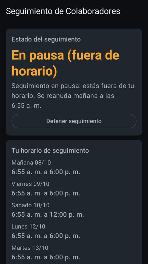 La app en el teléfono del colaborador: seguimiento en pausa fuera de horario y su horario de los próximos días