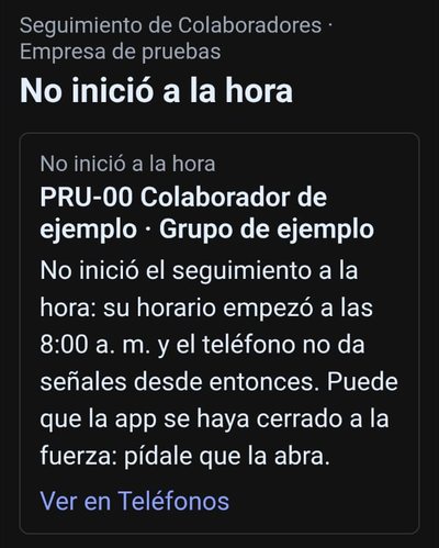 Correo de aviso «No inició a la hora»: el colaborador no inició el seguimiento a la hora de su horario, con un enlace para verlo en el panel